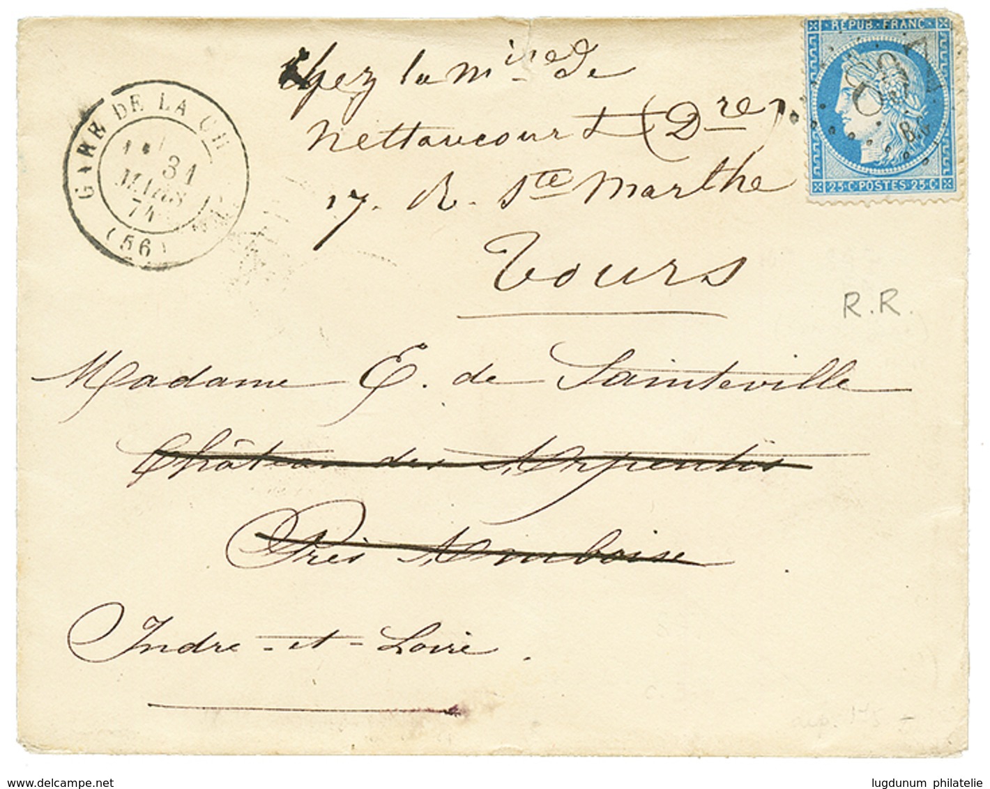 211 LA CHARITE BOITE DE GARE : 1874 25c(n°60) Obl. GC 897BG Sur Enveloppe Pour AMBOISE. Rare. Cote 950€. TB. - 1871-1875 Cérès