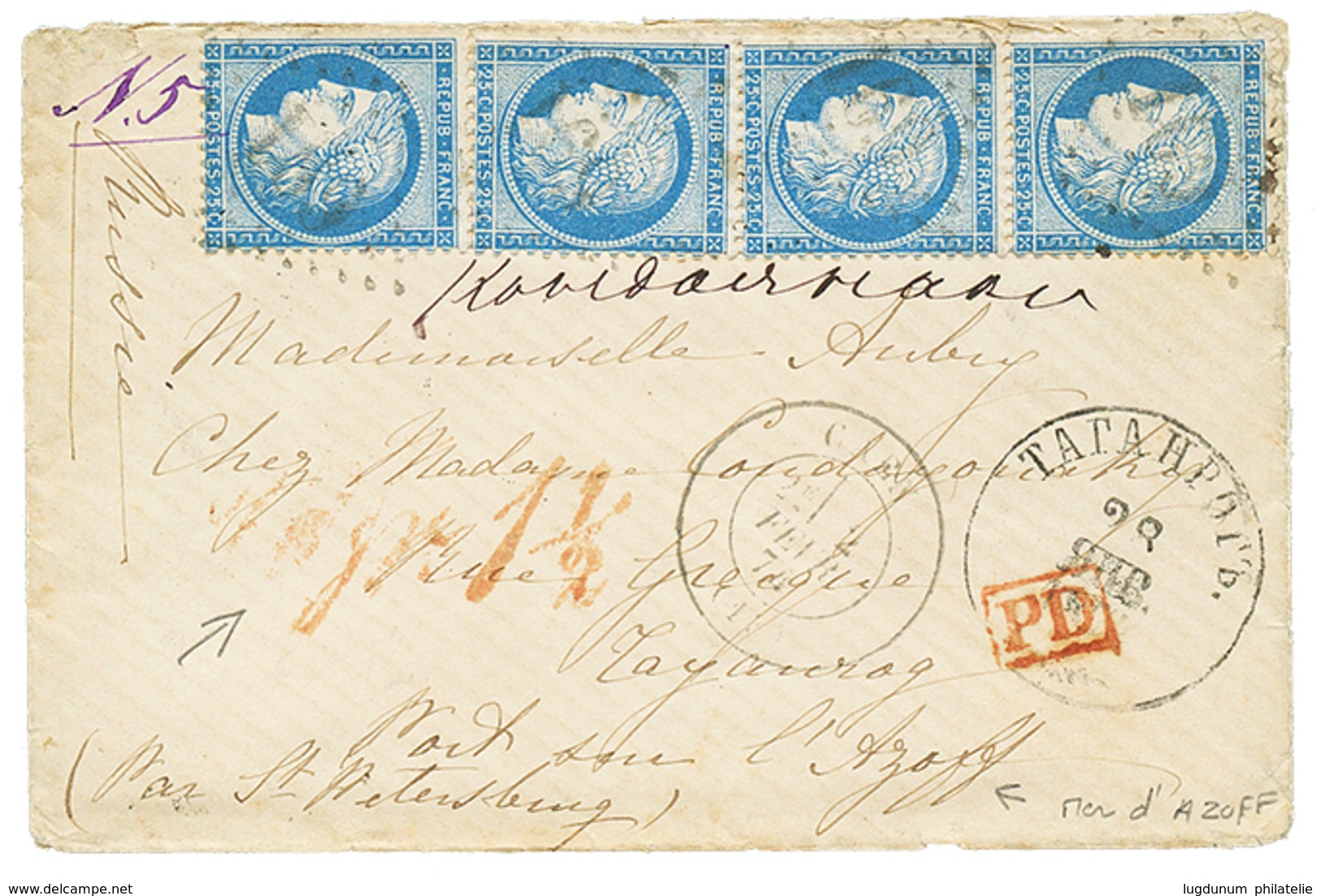 212 "1F Pour La Mer D' AZOFF (RUSSIE)" : 1874 25c(n°60)x4 Obl. GC + T.17 CAEN + Marque D' Entrée Rouge ".GR: 1 1/2" Sur  - 1871-1875 Cérès