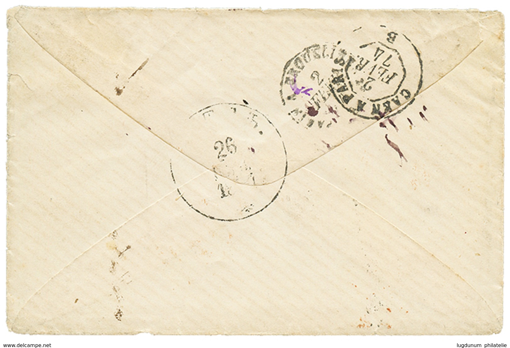 212 "1F Pour La Mer D' AZOFF (RUSSIE)" : 1874 25c(n°60)x4 Obl. GC + T.17 CAEN + Marque D' Entrée Rouge ".GR: 1 1/2" Sur  - 1871-1875 Ceres