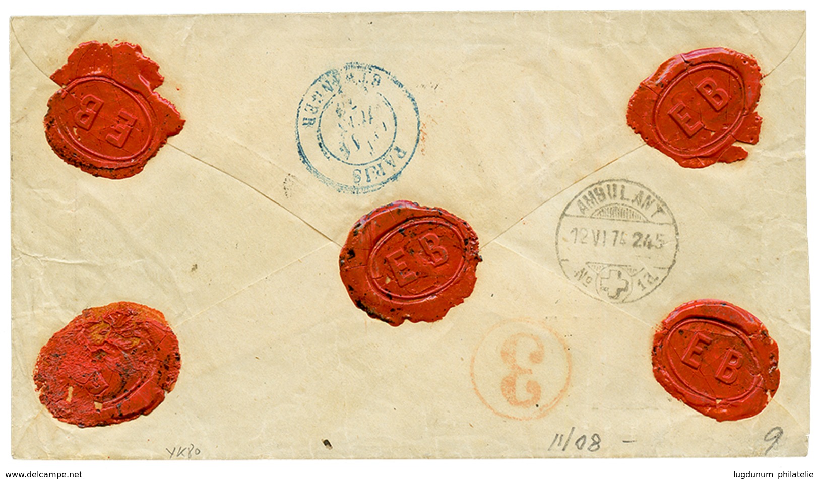 213 1874 CERES 15c+ 25c+ 30c(x2) Obl. ROULETTE De GROS POINTS Sur Enveloppe CHARGEE De PARIS Pour La SUISSE. Signé BRUN. - 1871-1875 Cérès