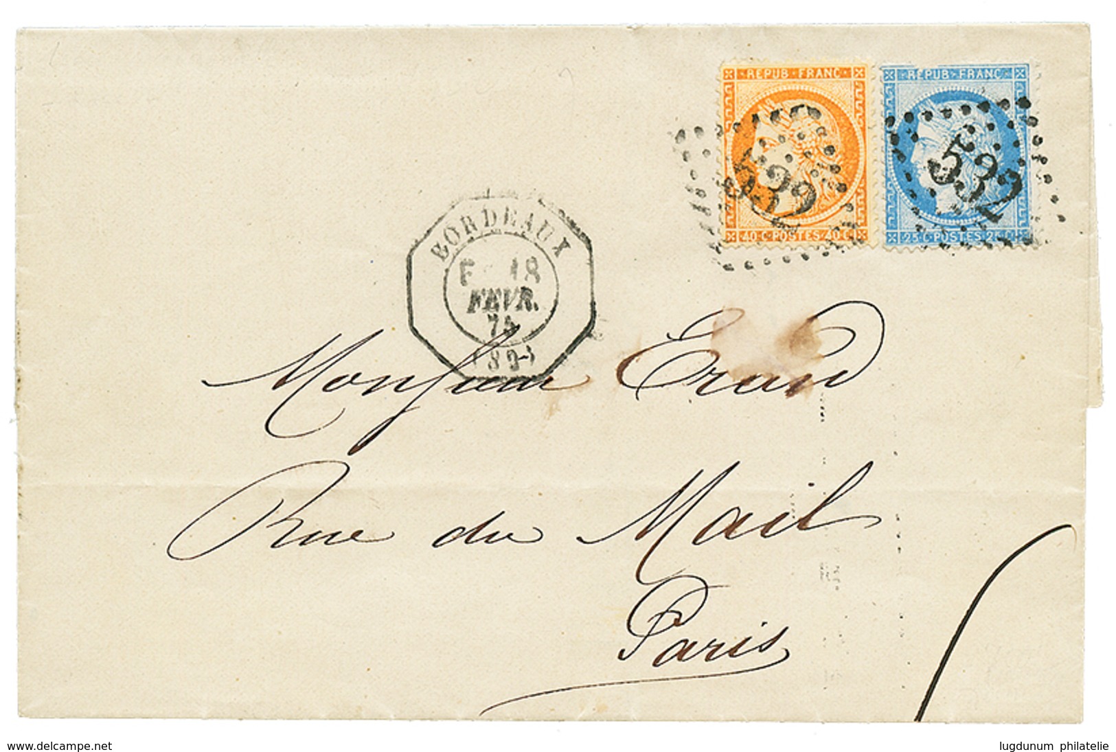 216 1875 40c(n°38) + 25c(n°60) Obl. GC 532 + LEVEE EXCEPTIONNELLE BORDEAUX Sur Lettre Pour PARIS. TTB. - 1871-1875 Ceres