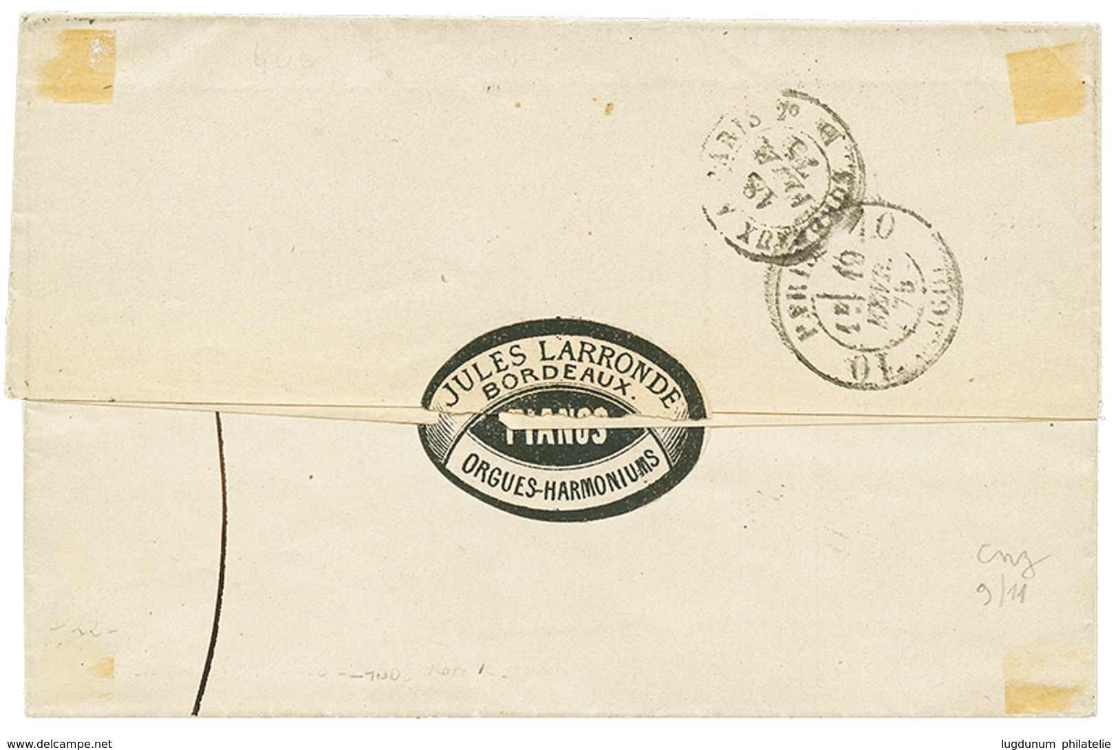 216 1875 40c(n°38) + 25c(n°60) Obl. GC 532 + LEVEE EXCEPTIONNELLE BORDEAUX Sur Lettre Pour PARIS. TTB. - 1871-1875 Ceres