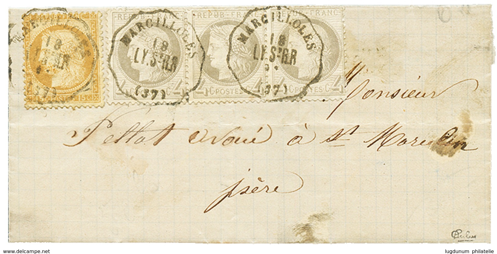 217 1876 CERES 4c(x3) + 15c Obl. Convoyeur MARCILLOLES/LY.St RR Sur Lettre Avec Texte Daté "MARCILLOLES" Pour ST MARCELI - 1871-1875 Cérès