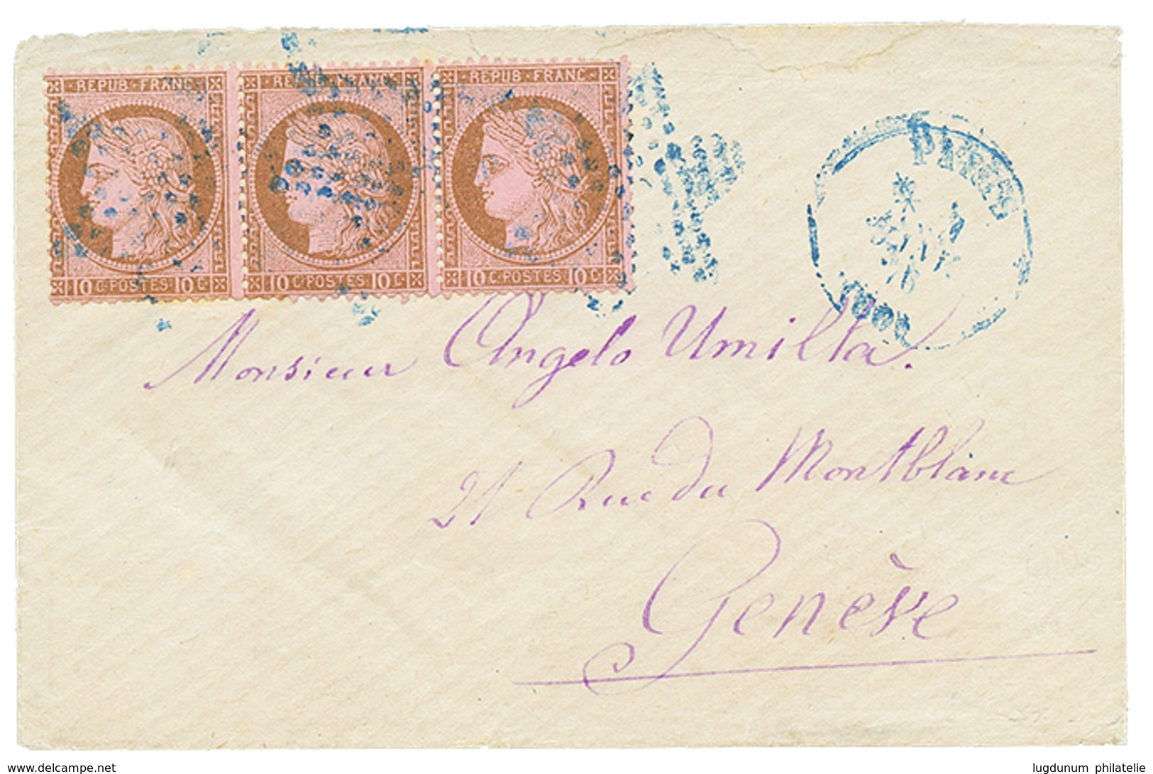 218 1876 Bande De 3 Du 10c CERES(n°54) Obl. Etoile BLEUE + PARIS(60) Bleu Sur Enveloppe Pour La SUISSE. RARE. TTB. - 1871-1875 Ceres