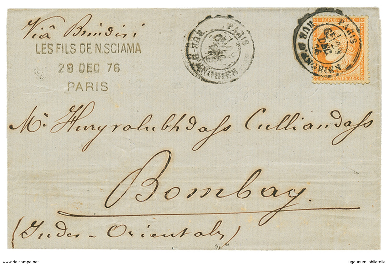 220 "40c Pour Les INDES" : 1876 40c SIEGE(n°38) Obl. PARIS Sur Lettre Pour BOMBAY(INDES). Rare. TB. - 1871-1875 Ceres