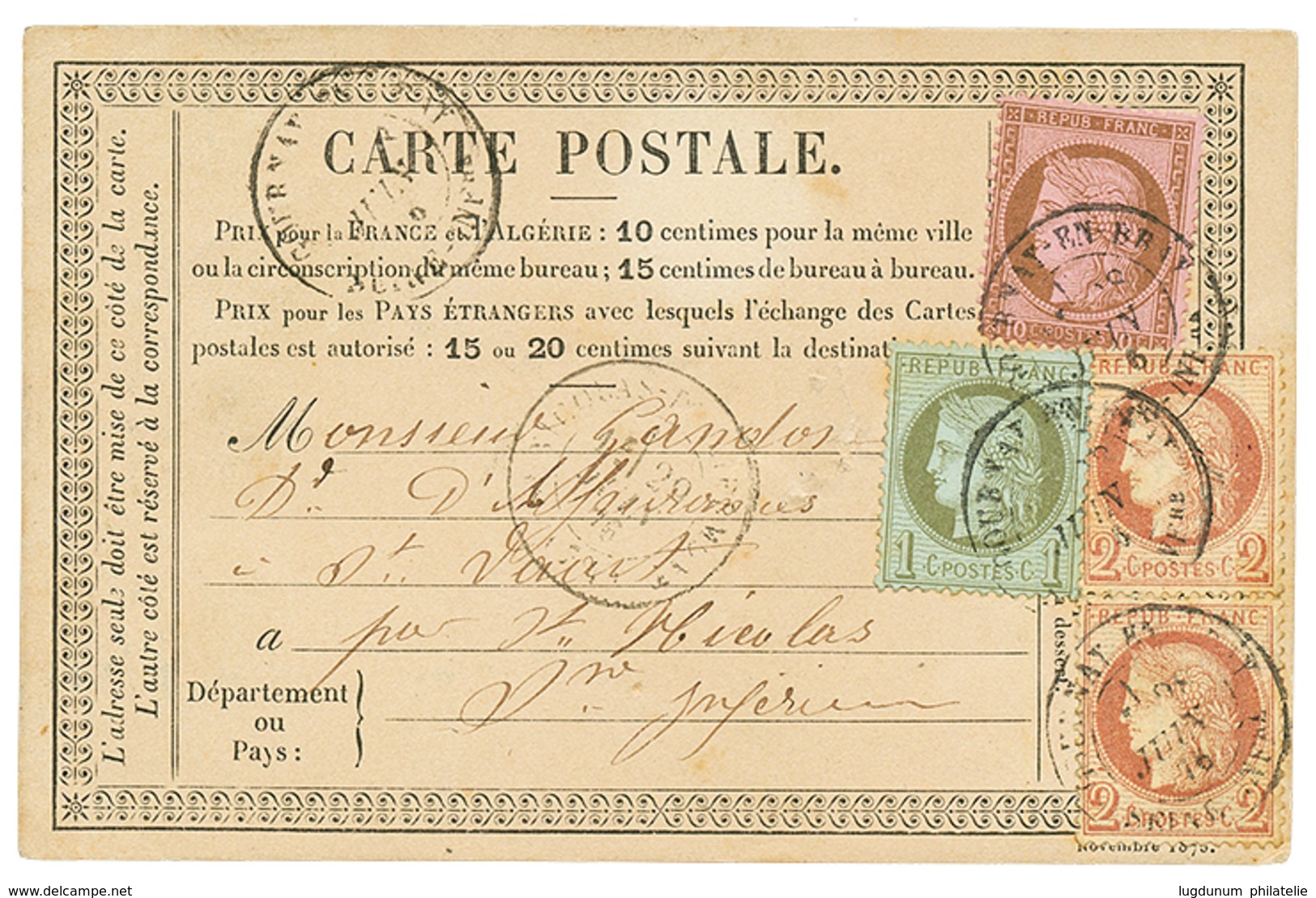 223 1876 CERES 1c + 2c(x2) + 10c Sur CARTE PRECURSEUR Pour ST VAART. TB. - 1871-1875 Cérès