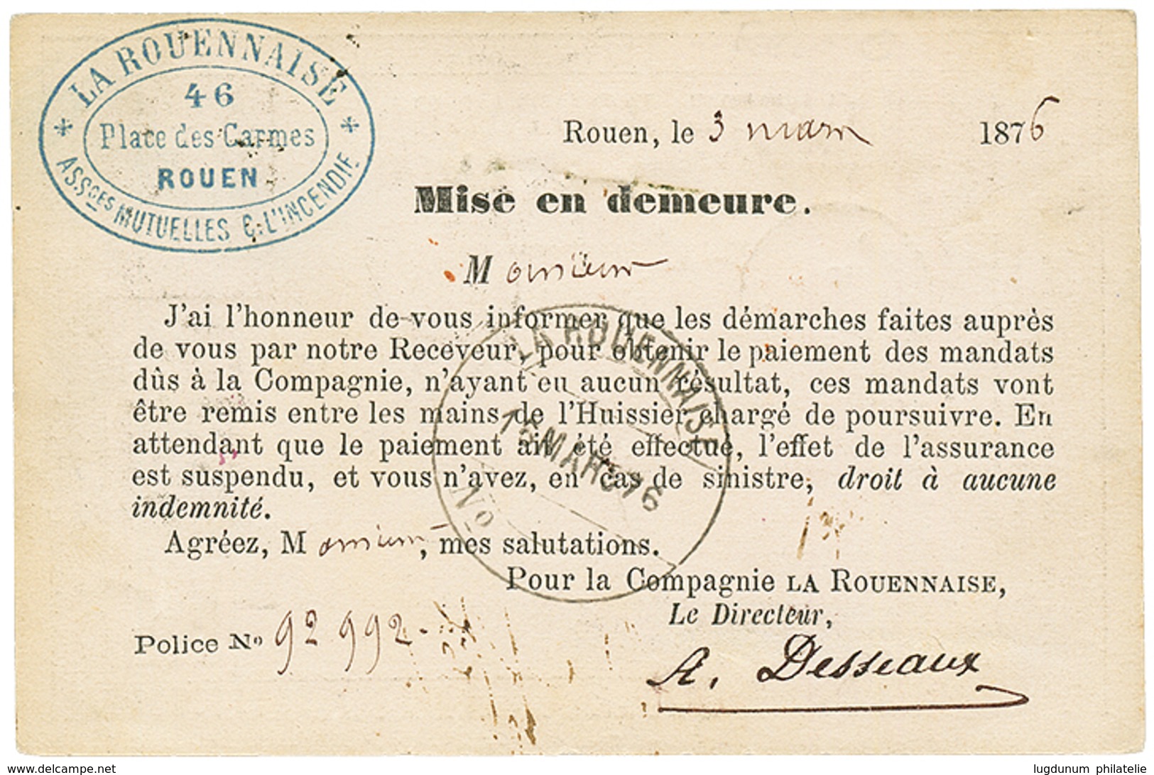 224 1876 CERES 15c + 25c Obl. GC + T.17 ROUEN Sur CARTE PRECURSEUR (picage Privé Au Verso) RECOMMANDEE. TB. - 1871-1875 Ceres