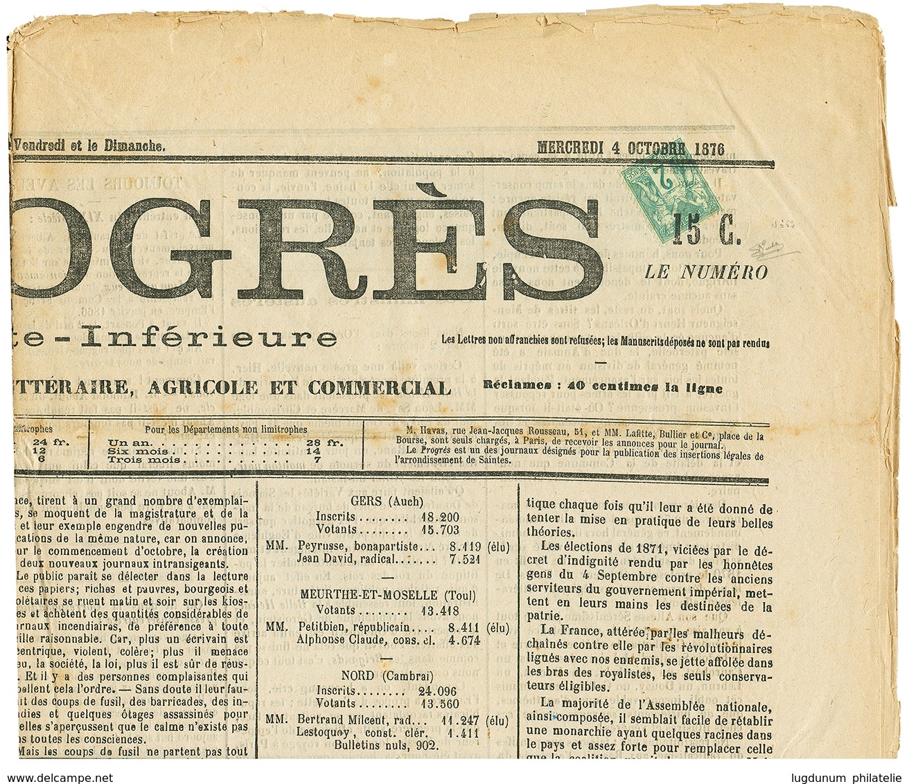 229 1876 2c SAGE(n°62) Obl. TYPO Sur JOURNAL Complet "LE PROGRES". RARE. Cote CERES = 2600€. Superbe. - 1876-1878 Sage (Tipo I)