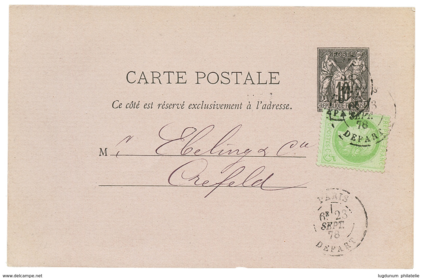 234 1878 Entier 10c SAGE + 5c CERES Obl. PARIS DEPART Pour CREFELD(ALLEMAGNE). TTB. - 1876-1878 Sage (Type I)