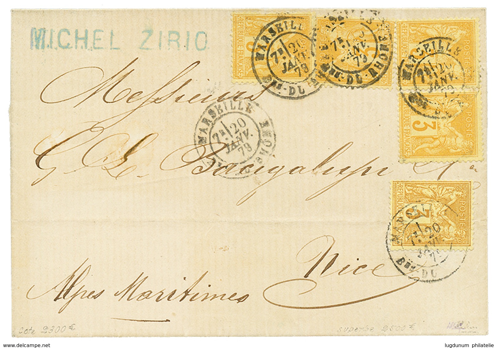 235 1879 3c SAGE Jaune(n°86)x5 Obl. MARSEILLE Sur Lettre Pour NICE. Léger Pli Sur Un Timbre. Affranchissement RARE. TB. - 1876-1878 Sage (Type I)