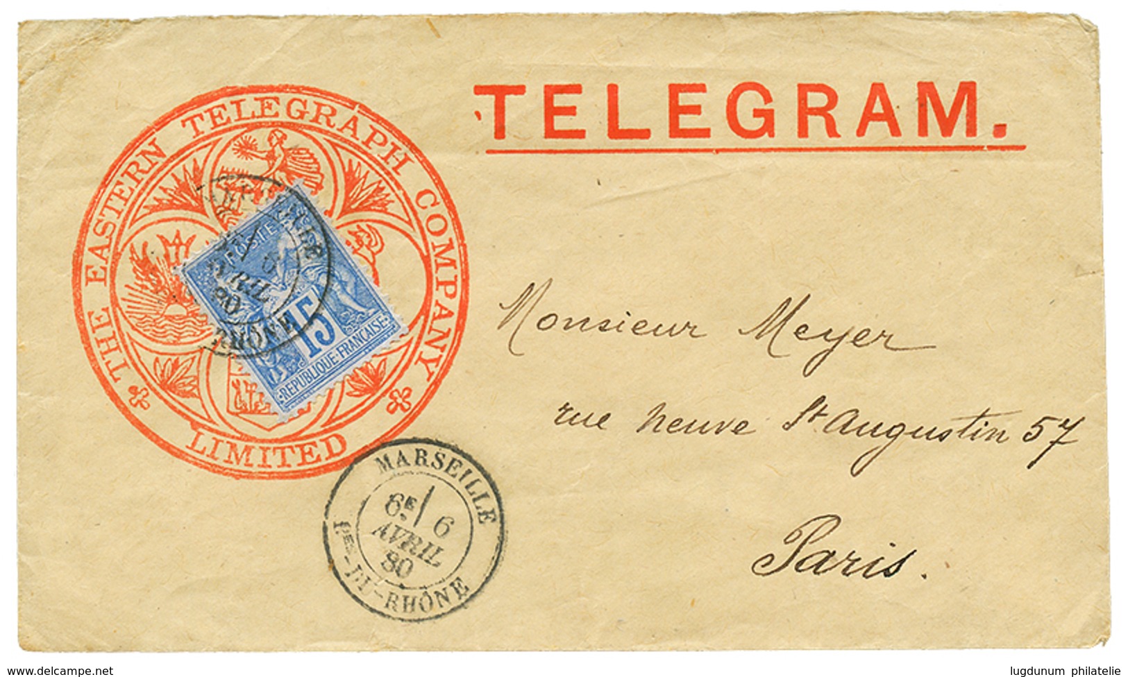236 1880 15c Obl. MARSEILLE Sur Env. TELEGRAM Pour PARIS. Rare. Superbe. - 1876-1878 Sage (Type I)