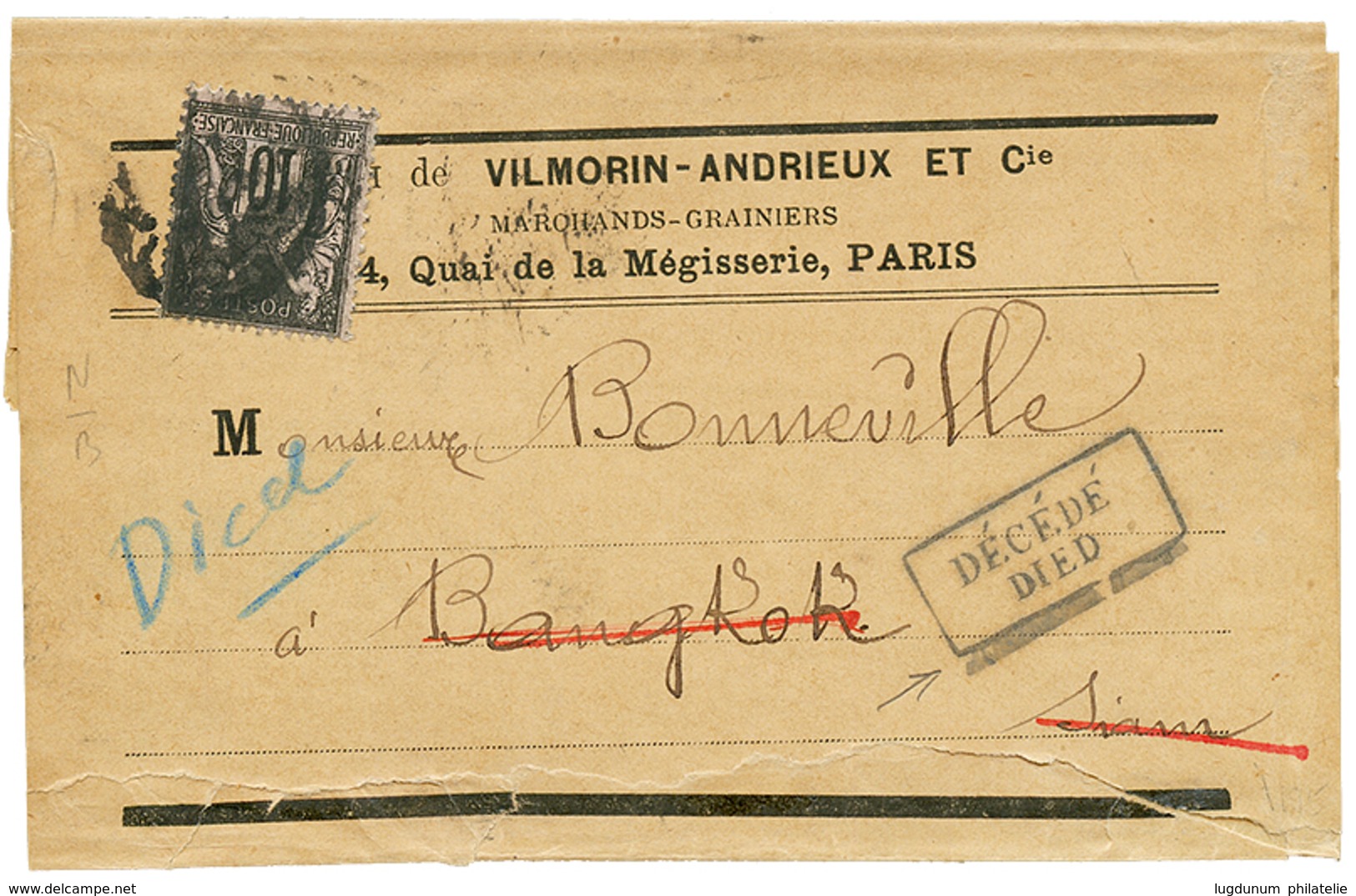239 "Tarif IMPRIME Pour Le SIAM" : 10c SAGE Obl. PARIS Sur Bande D' IMPRIME Pour BANGKOK. Recto, Cachet Thailandais Bili - 1876-1878 Sage (Typ I)