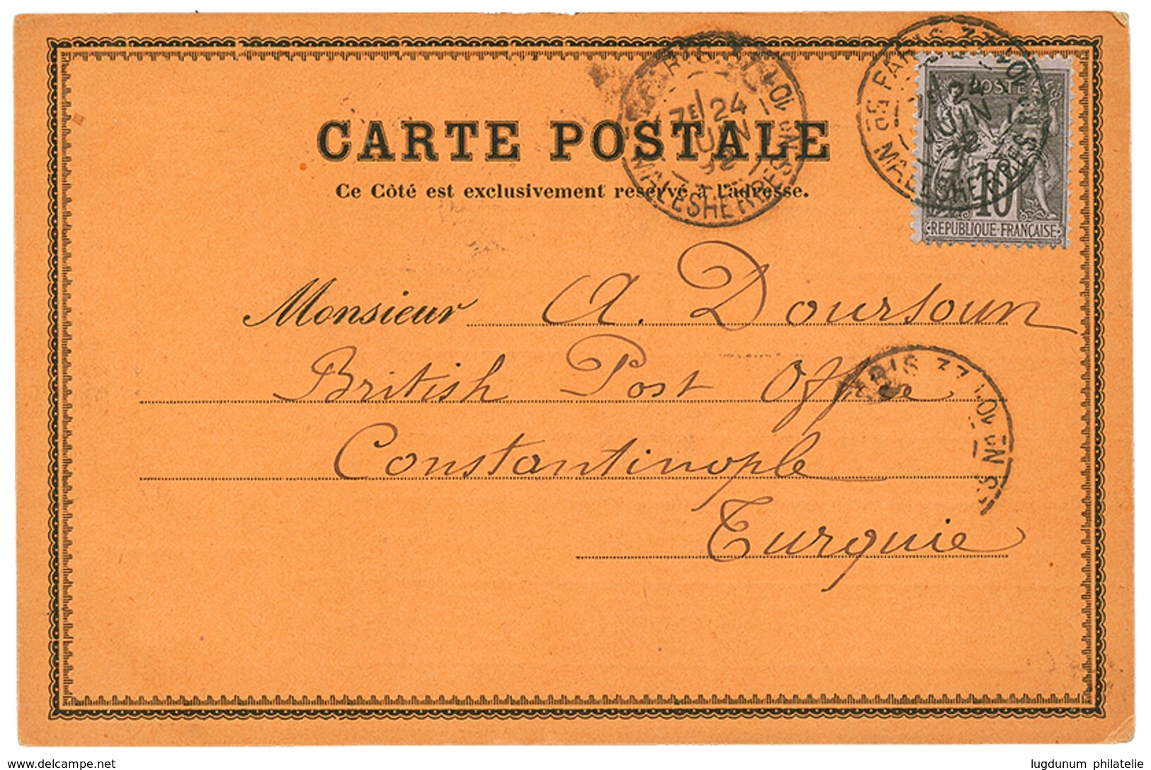 242 1892 10c SAGE Obl. PARIS Sur CARTE POSTALE Privée Orange Pour Le Bureau Anglais De CONSTANTINOPLE. TB. - 1876-1878 Sage (Type I)
