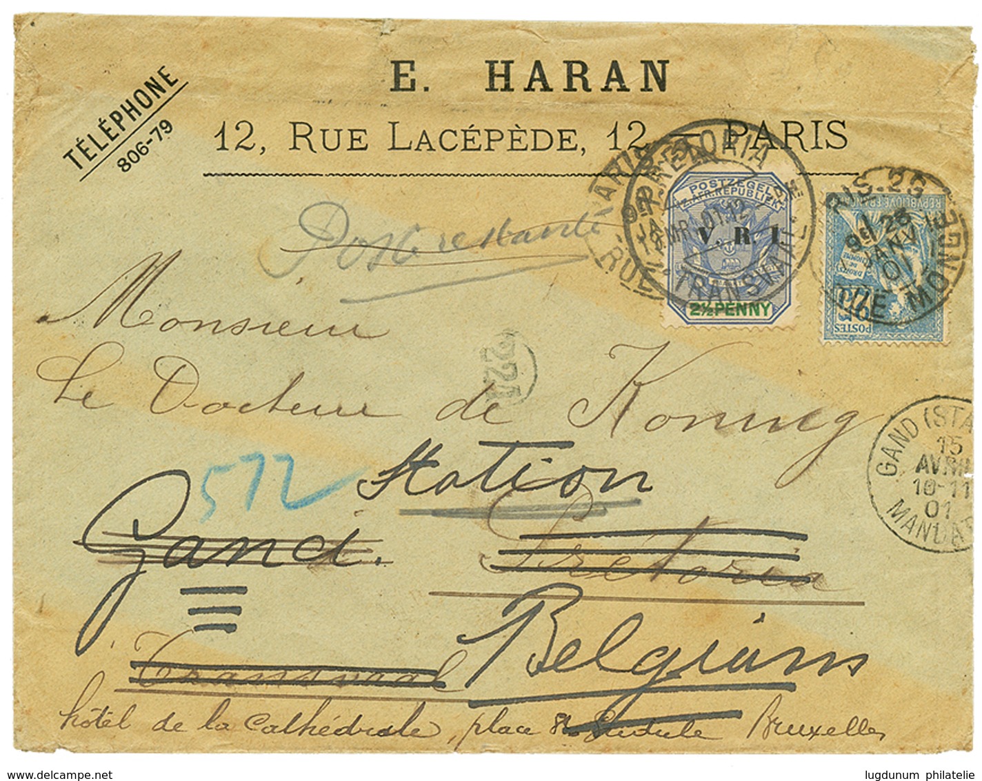 244 "Mixte Type MOUCHON / AFRIQUE DU SUD" : 1901 25c MOUCHON Obl. PARIS Sur Enveloppe Pour PRETORIA Réexpédiée Avec AFRI - Other & Unclassified