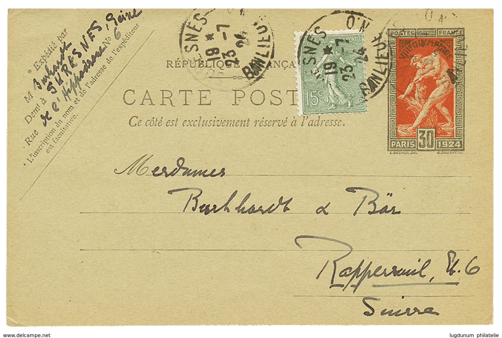 246 1924 ENTIER POSTAL JEUX OLYMPIQUES PARIS 30c + 15c Semeuse Obl. SURESNES Pour La SUISSE. Cote 200€. TTB. - Sonstige & Ohne Zuordnung