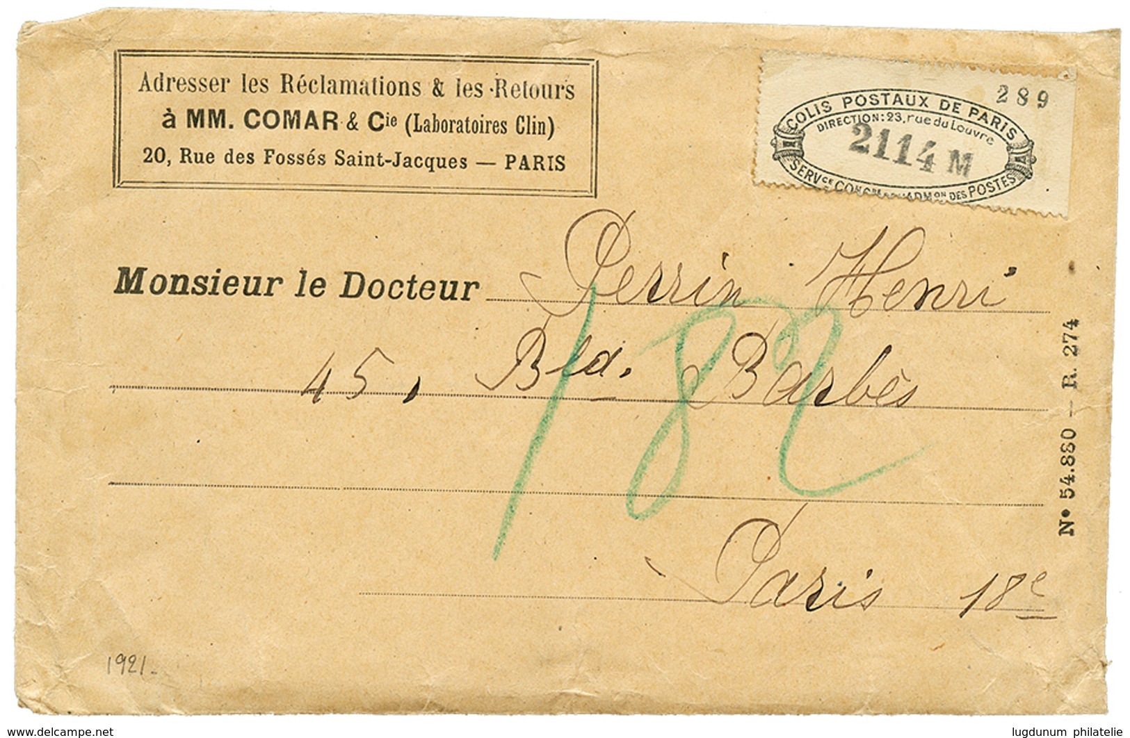 248 COLIS-POSTAUX : 1921 COLIS POSTAUX DE PARIS/RUE DU LOUVRE(n°84A) Sur Enveloppe Avec Texte Complet Pour PARIS. RARE.  - Sonstige & Ohne Zuordnung