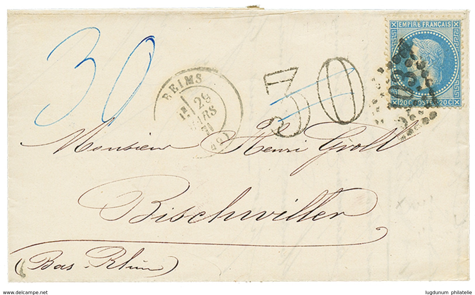 249 1871 20c(n°29) Obl. GC 3103 + T.17 REIMS 29 Mars 71 + Taxe 30 D.T Annulée + Taxe 30 Manuscrite Bleue Sur Lettre Pour - Other & Unclassified