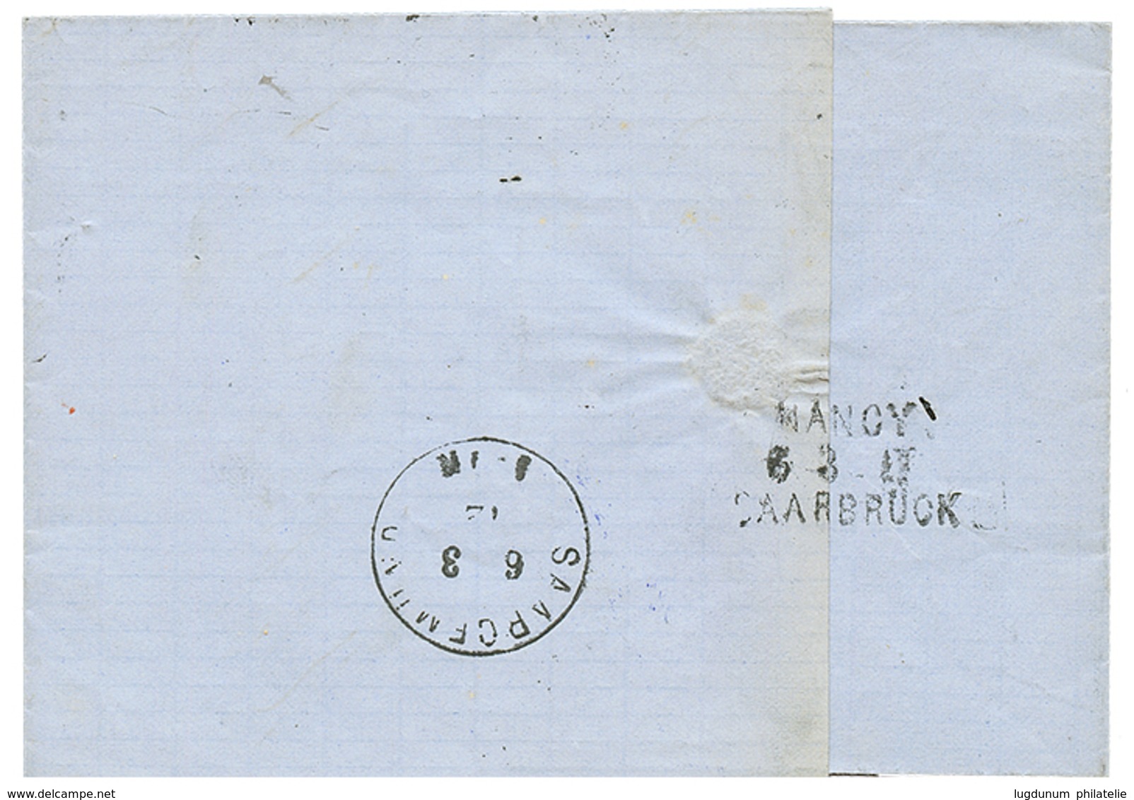 251 1872 25c(n°60) Obl. Etoile 30 + PARIS 5 Mars 72 + Taxe 2 Bleue Sur Lettre Pour SARGUEMINES. Verso, Ambulant Allemand - Autres & Non Classés