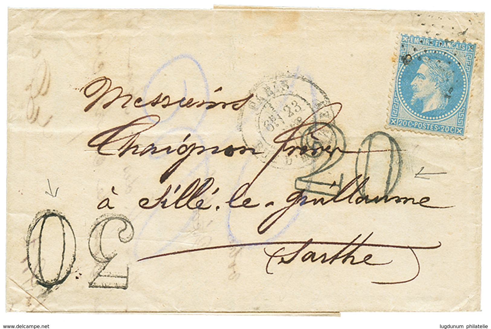 253 1871 20c(n°29) Obl. Etoile + PARIS 23 FEVR. 71 + Taxe 20 D.T + Taxe 30 D.T. Sur Lettre Pour SILLE-LE-GUILLAUME (SART - Altri & Non Classificati