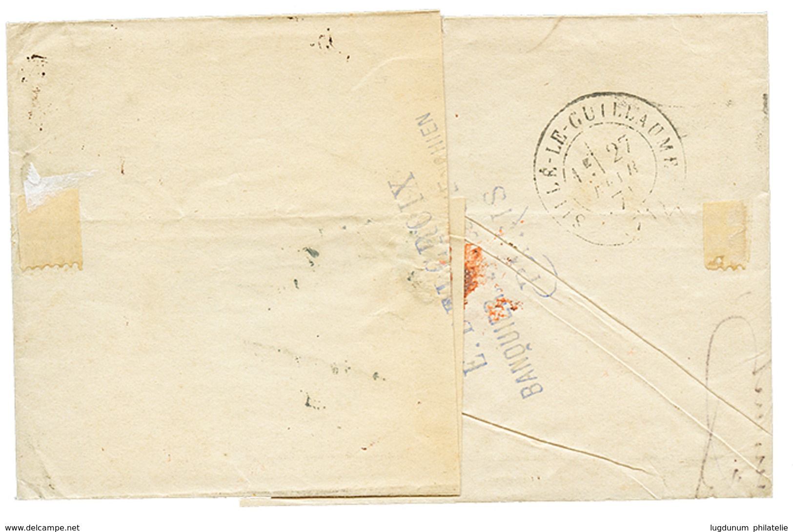 253 1871 20c(n°29) Obl. Etoile + PARIS 23 FEVR. 71 + Taxe 20 D.T + Taxe 30 D.T. Sur Lettre Pour SILLE-LE-GUILLAUME (SART - Sonstige & Ohne Zuordnung