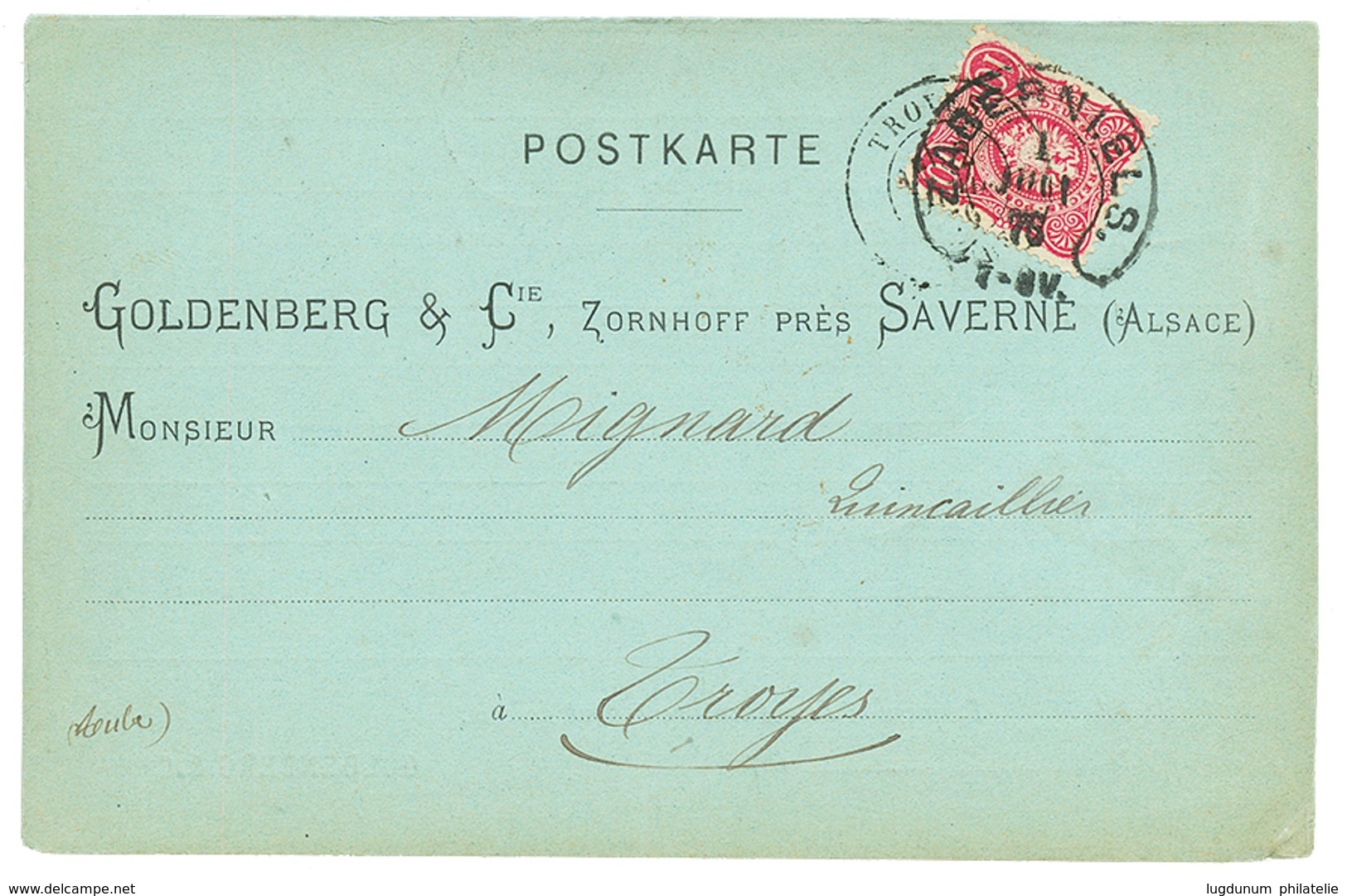 256 1876 ALLEMAGNE 10pfe Obl. ZABERN I.ELS. Sur CARTE PRIVEE "GOLDENBERG SAVERNE". Signé WIEGAND BPP. TB. - Autres & Non Classés