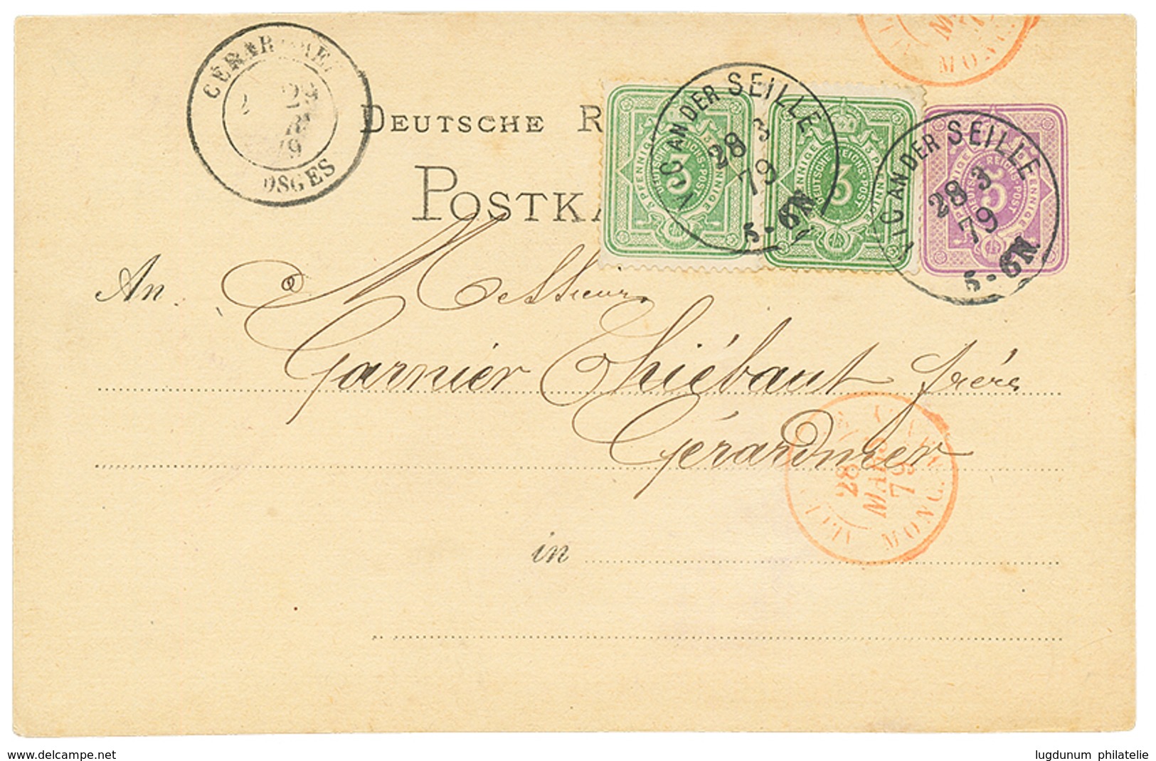 257 ALSACE-LORRAINE : 1879 ALLEMAGNE Entier 5pf + 5pf(x2) Obl. VIC AN DER SEILLE Pour GERARDMER. TTB. - Sonstige & Ohne Zuordnung