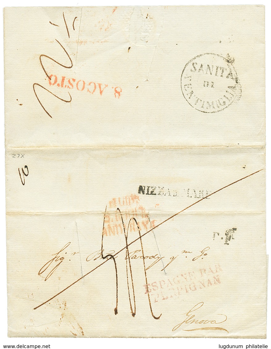 260 PURIFIE : 1835 SANITA DI VENTIMIGLIA Au Verso D'une Lettre Avec Texte De GIBRALTAR Pour GENOVA. TTB. - Gebraucht