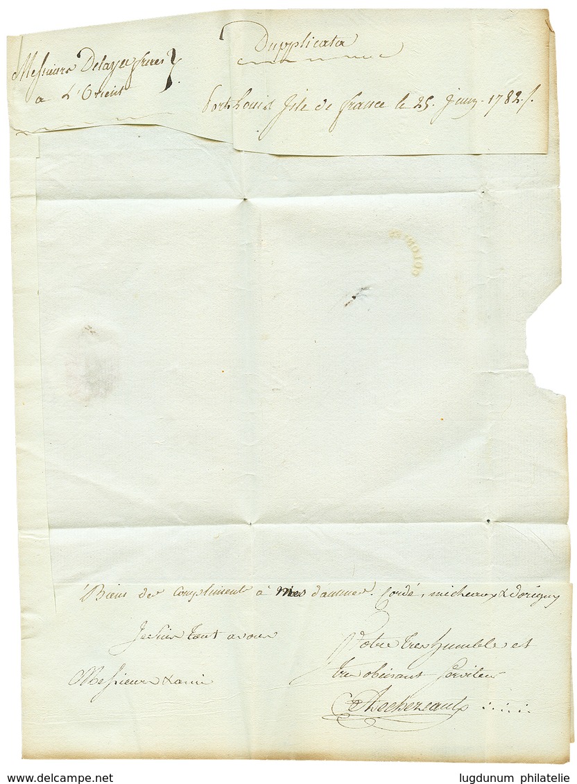 263 1782 COLON. FRANC. PAR MARSEILLE + COLONIES Rouge Sur Lettre Avec Texte Trés Incomplet Daté "PORT LOUIS ISLE DE FRAN - Gebraucht