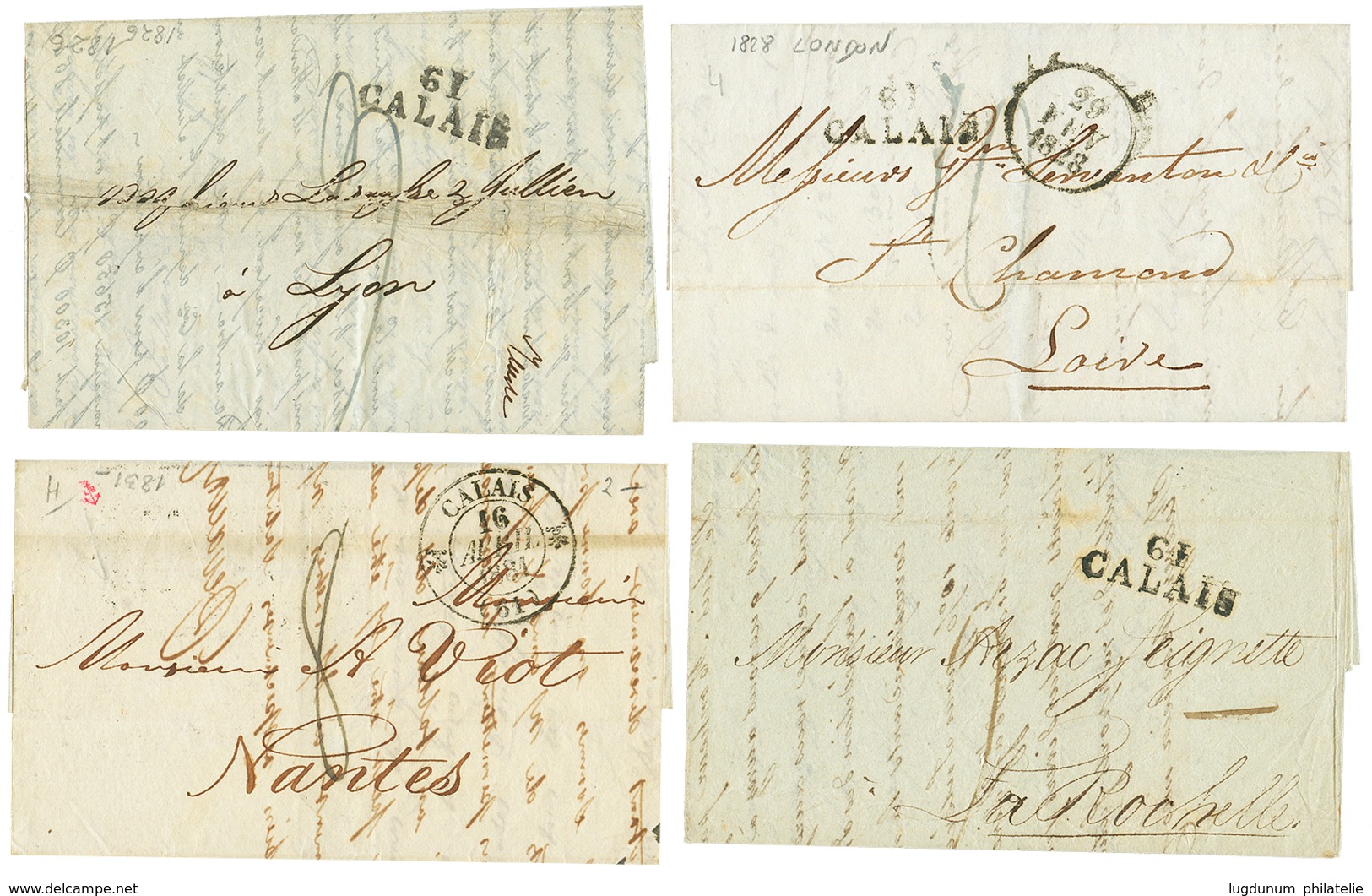 265 1821/31 Lot 4 Lettres D' ANGLETERRE Avec 61 CALAIS Pour La FRANCE Avec Cachets D' ACHEMINEURS Au Verso. TB. - Gebraucht