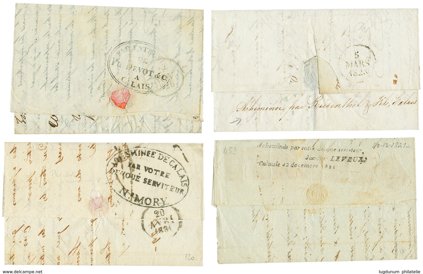 265 1821/31 Lot 4 Lettres D' ANGLETERRE Avec 61 CALAIS Pour La FRANCE Avec Cachets D' ACHEMINEURS Au Verso. TB. - Gebraucht