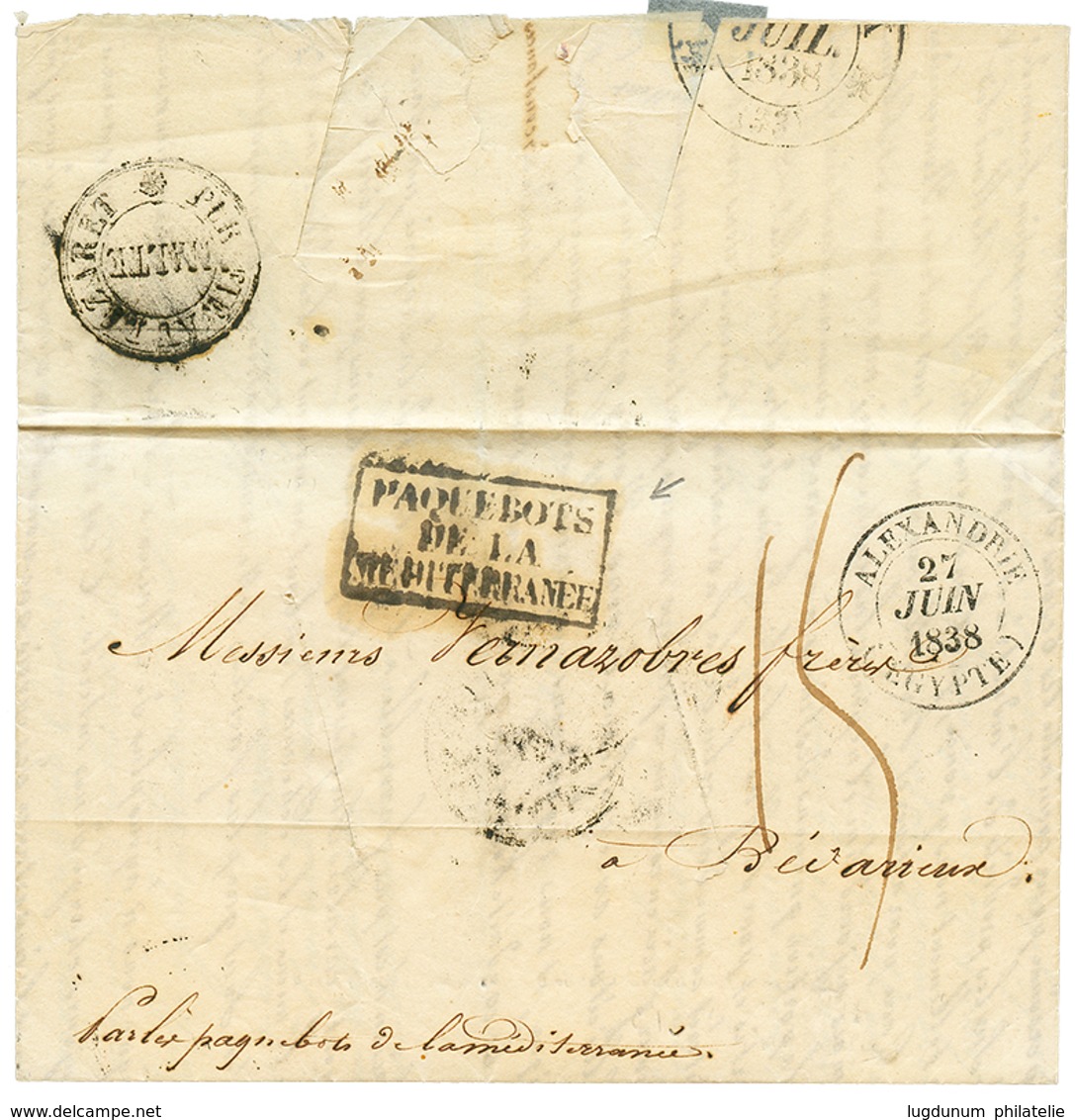 267 1838 PAQUEBOTS DE LA MEDITERRANEE En Noir (rare) + ALEXANDRIE EGYPTE Sur Lettre Avec Texte D' ALEXANDRIE Pour La FRA - Oblitérés