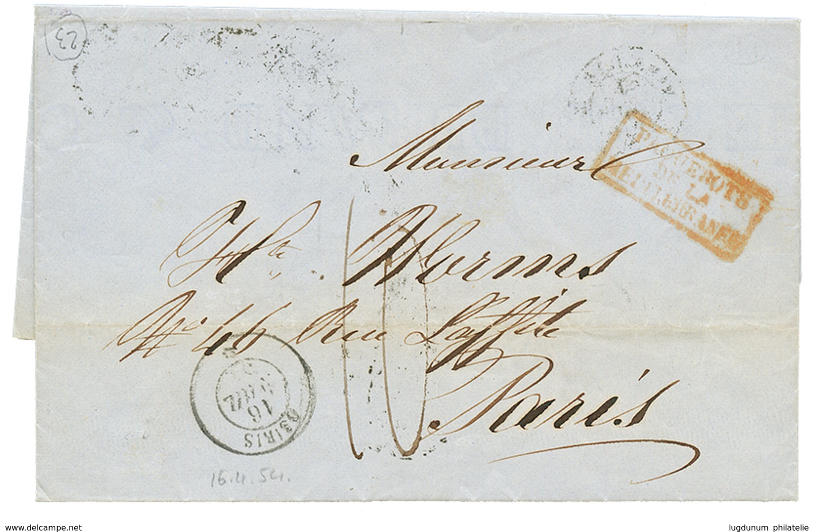 271 1854 OSIRIS 16 Avril + Taxe 10 Sur Lettre De CONSTANTINOPLE Pour PARIS. Paquebot Rare. TB. - Gebraucht