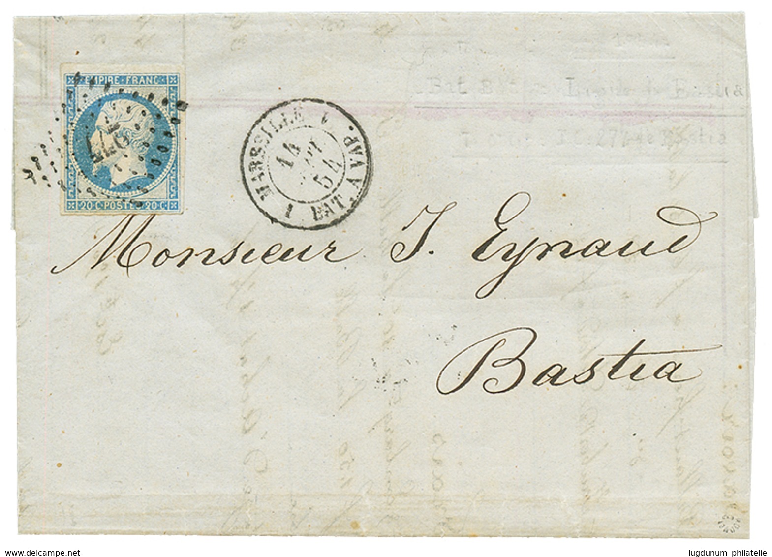 272 LIGNE De CORSE : 1854 20c(n°14) TB Margé Obl. PC 227 De BASTIA + MARSEILLE 1 BAT. A VAP. Sur Lettre Avec Texte De MA - Used Stamps