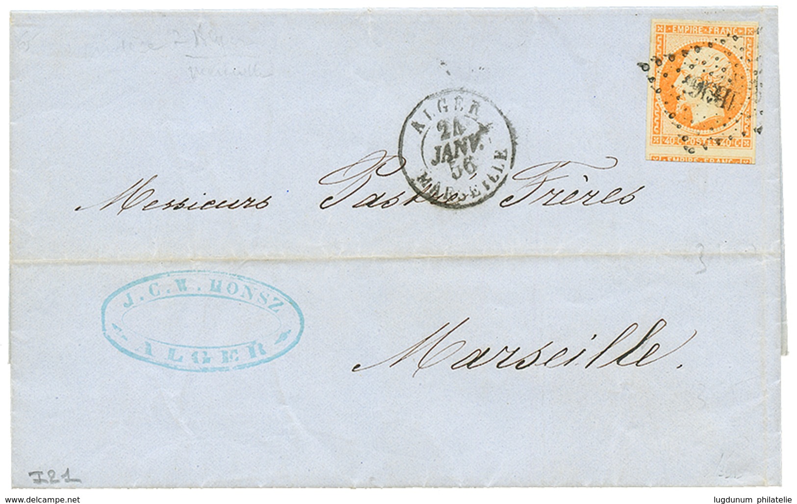 273 1856 40c(n°16) TTB Margé Obl. PC 1896 + ALGER MARSEILLE Sur Lettre D' ALGER Pour MARSEILLE. Indice 21. Rare En Doubl - Gebraucht