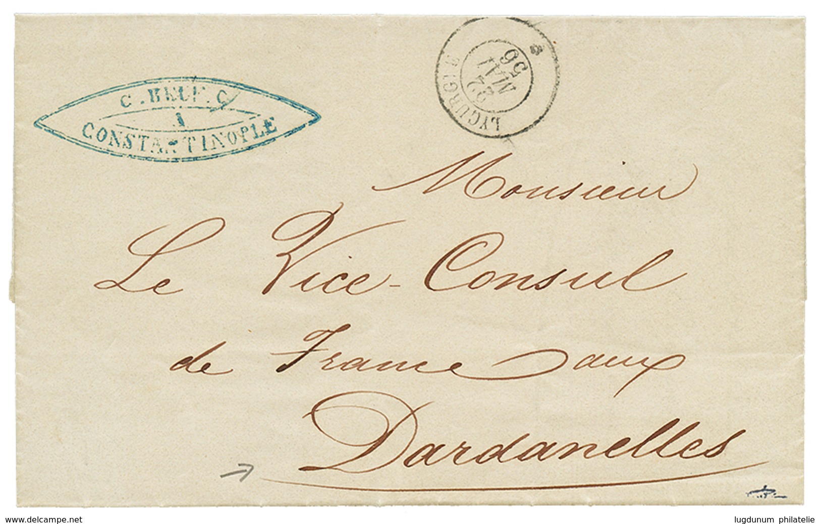 274 1856 LYGURGUE 22 Mai 56 Sur Lettre En Franchise (rare) Avec Texte De CONSTANTINOPLE Pour Le CONSUL DE FRANCE Aux DAR - Usati