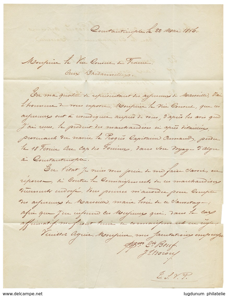 274 1856 LYGURGUE 22 Mai 56 Sur Lettre En Franchise (rare) Avec Texte De CONSTANTINOPLE Pour Le CONSUL DE FRANCE Aux DAR - Usati