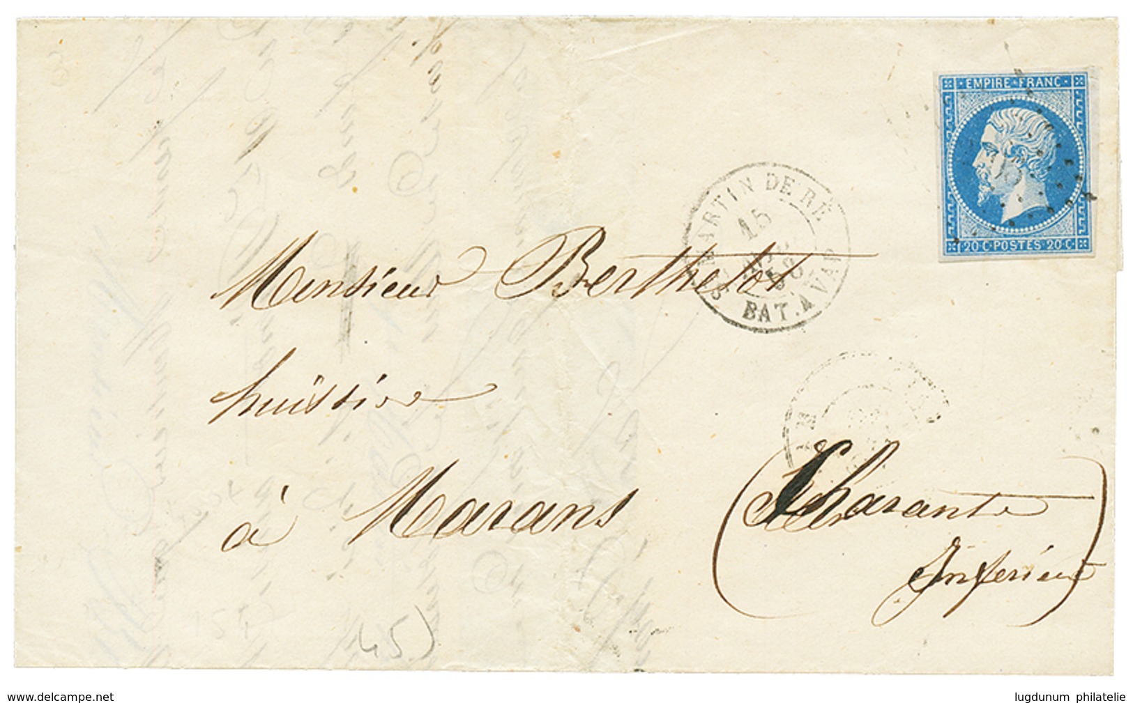 276 1858 20c(n°14) Obl. PC 2706 + ST MARTIN-DE-RE BAT A VAP. Sur Lettre De ST MARTIN Pour MARANS. TB. - Used Stamps