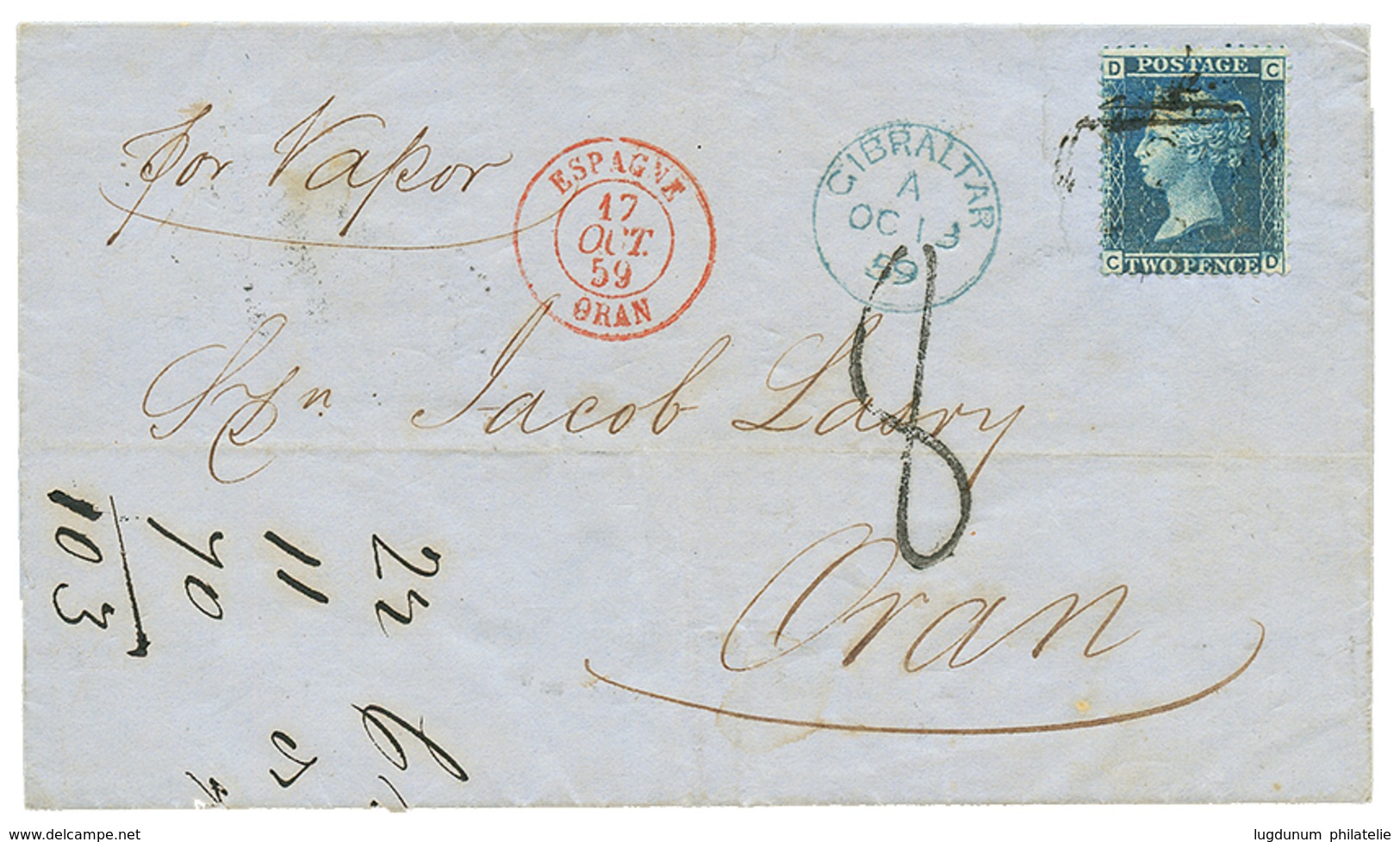 277 1859 GB 2p Obl. A26 + GIBRALTAR + ESPAGNE ORAN Rouge + Taxe 8 Sur Lettre Pour ORAN ALGERIE. TTB. - Gebraucht