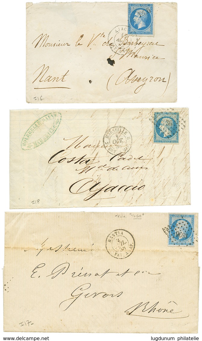 279 BATEAUX A VAPEUR - LIGNE DE CORSE : Lot 3 Lettres Avec 20c(n°14) ( MARSEILLE 2 BAT A VAP 2, BASTIA BAT A VAP., AJACC - Oblitérés