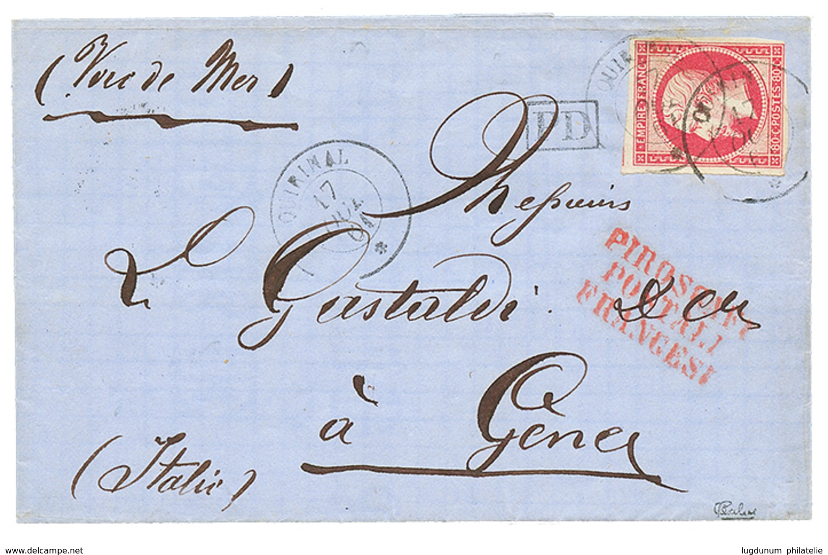 280 "QUIRINAL" : 1861 80c(n°17) TB Margé Obl. Cachet Du Paquebot QUIRINAL 17 Nov 61 Avec Texte De MARSEILLE Pour L' ITAL - Gebraucht