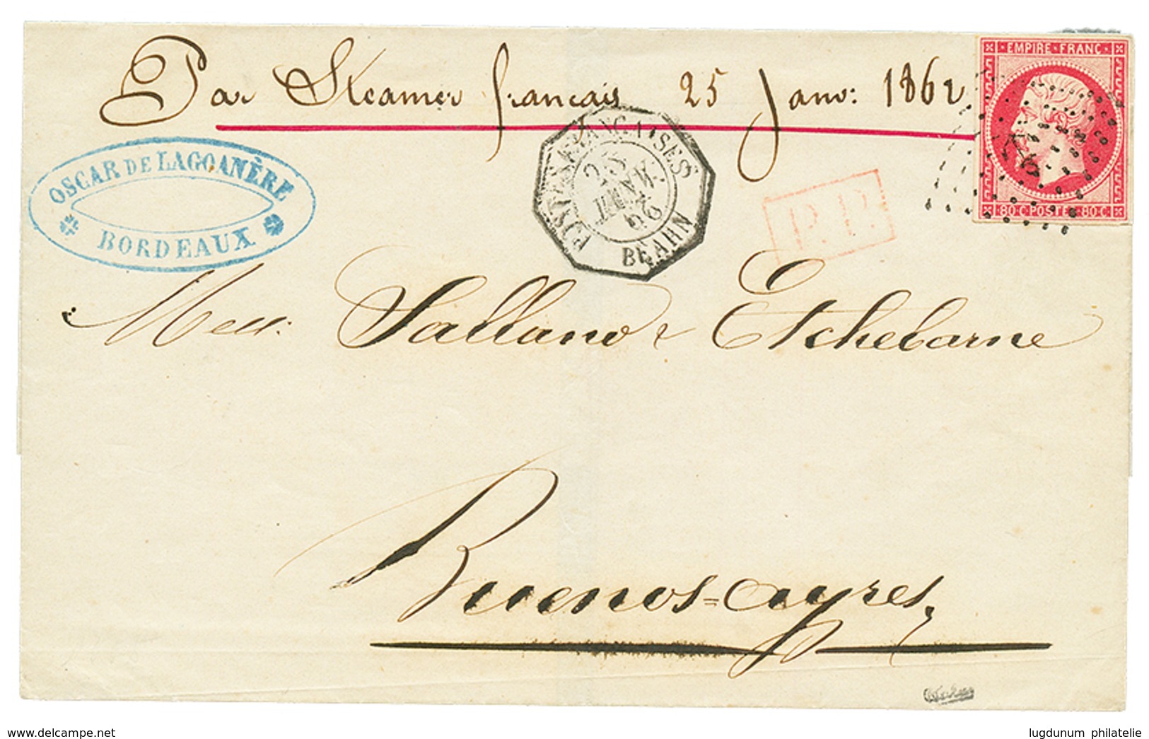 281 1862 80c(n°17) TB Margé Obl. ANCRE + Cachet Rare POSTES FRANCAISES BEARN Sur Lettre De BORDEAUX Pour L' ARGENTINE. T - Used Stamps