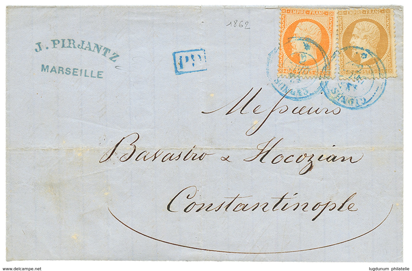 283 1862 10c(n°21)+ 40c(n°23) Obl. Cachet Bleu Du Paquebot CYDNUS Sur Lettre De MARSEILLE Pour CONSTANTINOPLE. RARE. TB. - Gebraucht