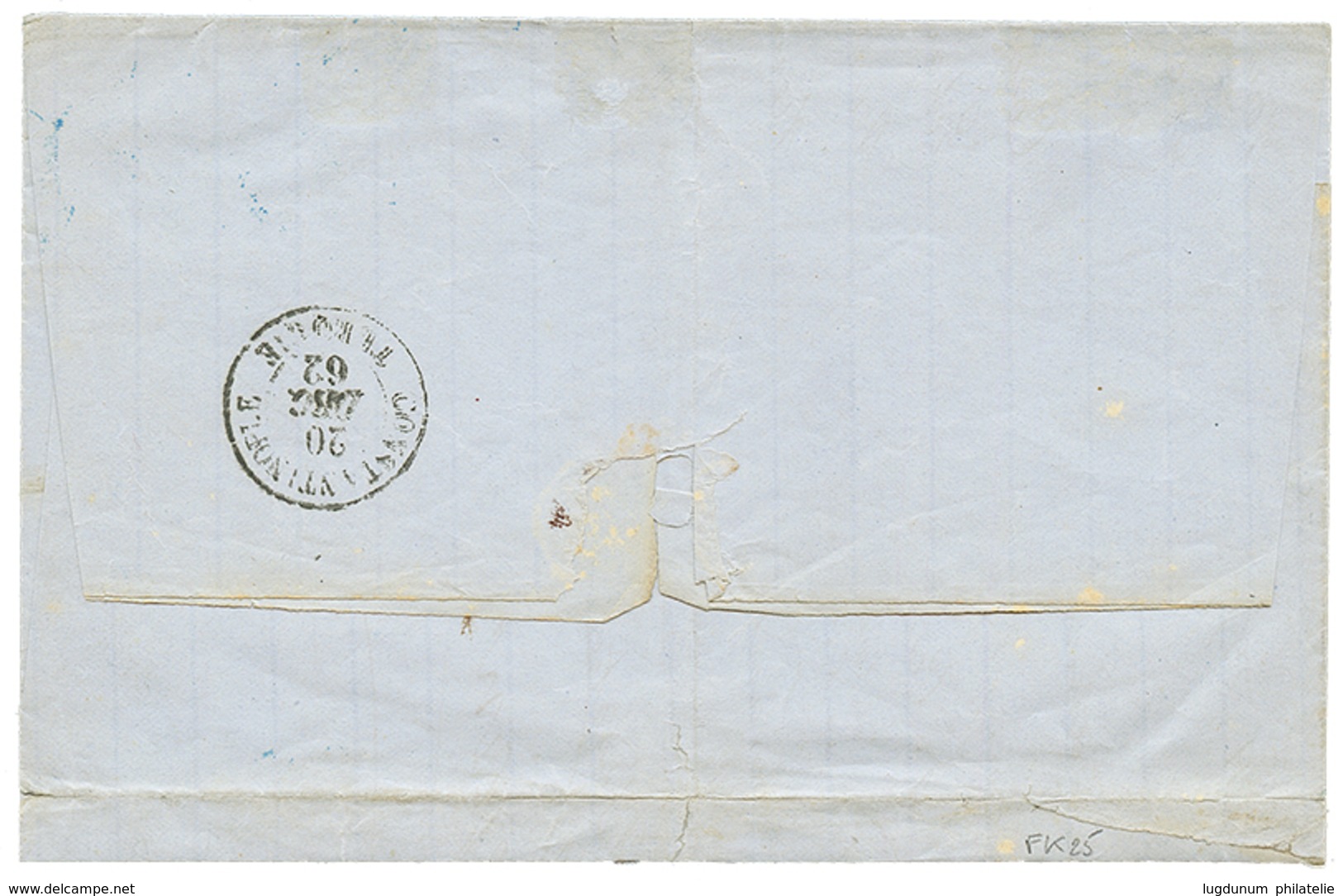 283 1862 10c(n°21)+ 40c(n°23) Obl. Cachet Bleu Du Paquebot CYDNUS Sur Lettre De MARSEILLE Pour CONSTANTINOPLE. RARE. TB. - Used Stamps