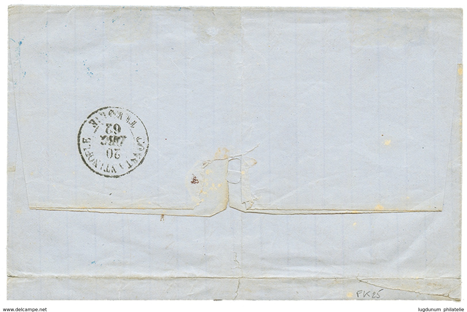 283 1862 10c(n°21)+ 40c(n°23) Obl. Cachet Bleu Du Paquebot CYDNUS Sur Lettre De MARSEILLE Pour CONSTANTINOPLE. RARE. TB. - Usati