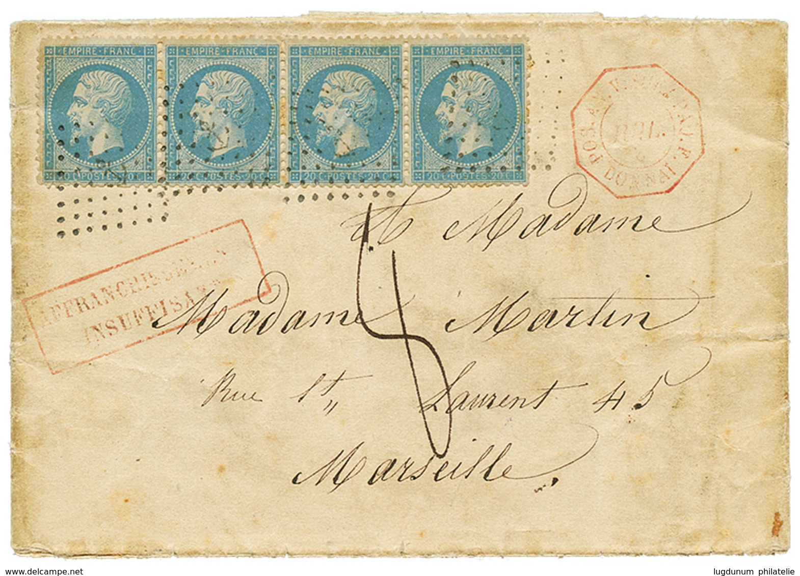 284 1863 FRANCE 20c(n°22)x4 Obl. ANCRE + Cachet Rarissime POS.AN.V SUEZ PAQ F. DONNAI En Rouge Sur Lettre Taxée 8 Avec T - Gebraucht