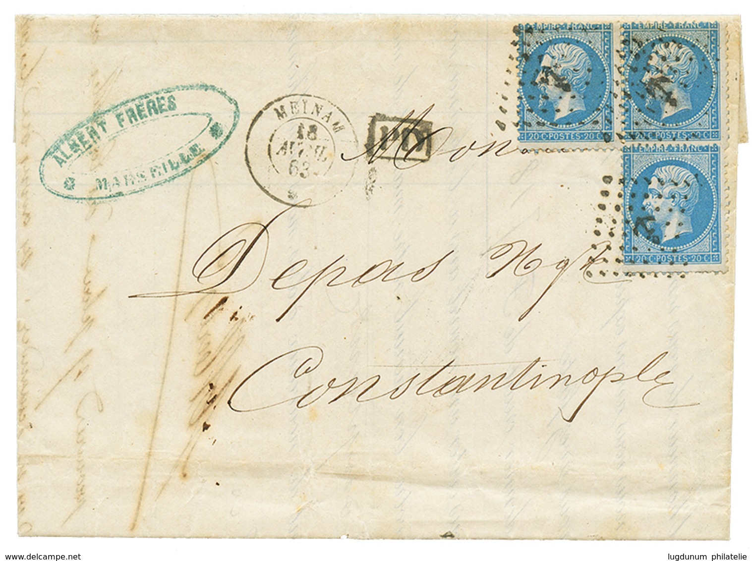 285 1863 20c(n°22)x3 Obl. ANCRE + MEINAM 18 AVRIL 63 Sur Lettre Pour CONSTANTINOPLE. TTB. - Usati