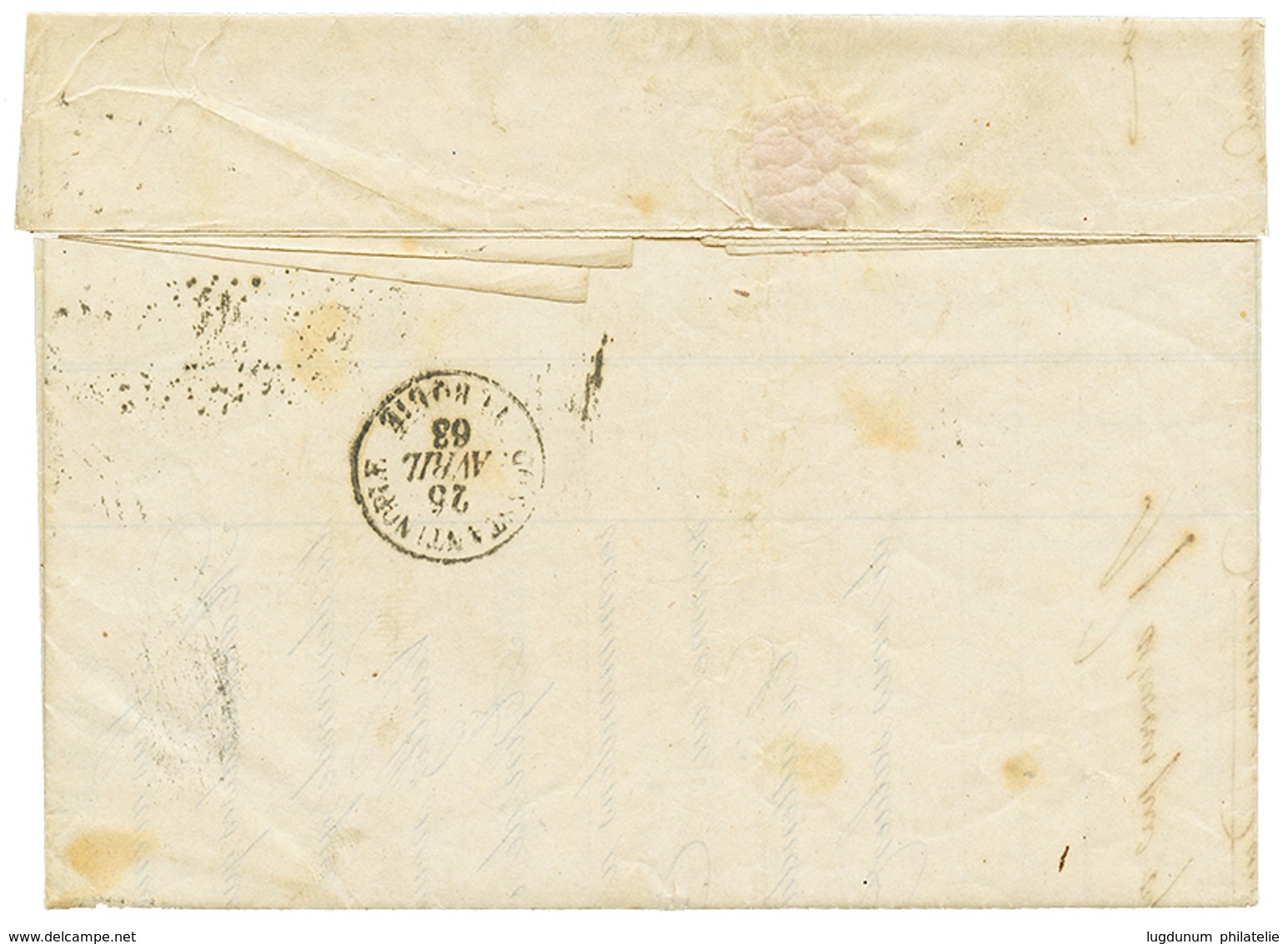 285 1863 20c(n°22)x3 Obl. ANCRE + MEINAM 18 AVRIL 63 Sur Lettre Pour CONSTANTINOPLE. TTB. - Gebraucht