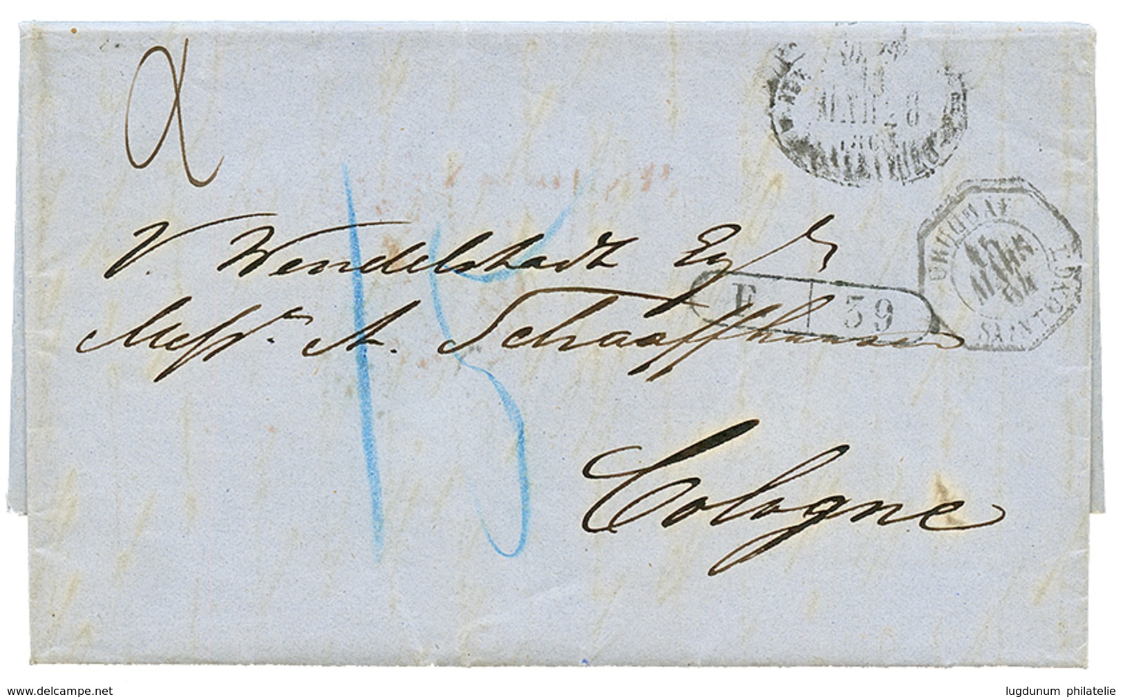 286 1864 URUGUAY SAINTONGE + Marque D' Echange F./39 (rare) + Taxe 15 (double Port) Sur Lettre Avec Texte De NUEVA MEHLE - Usati