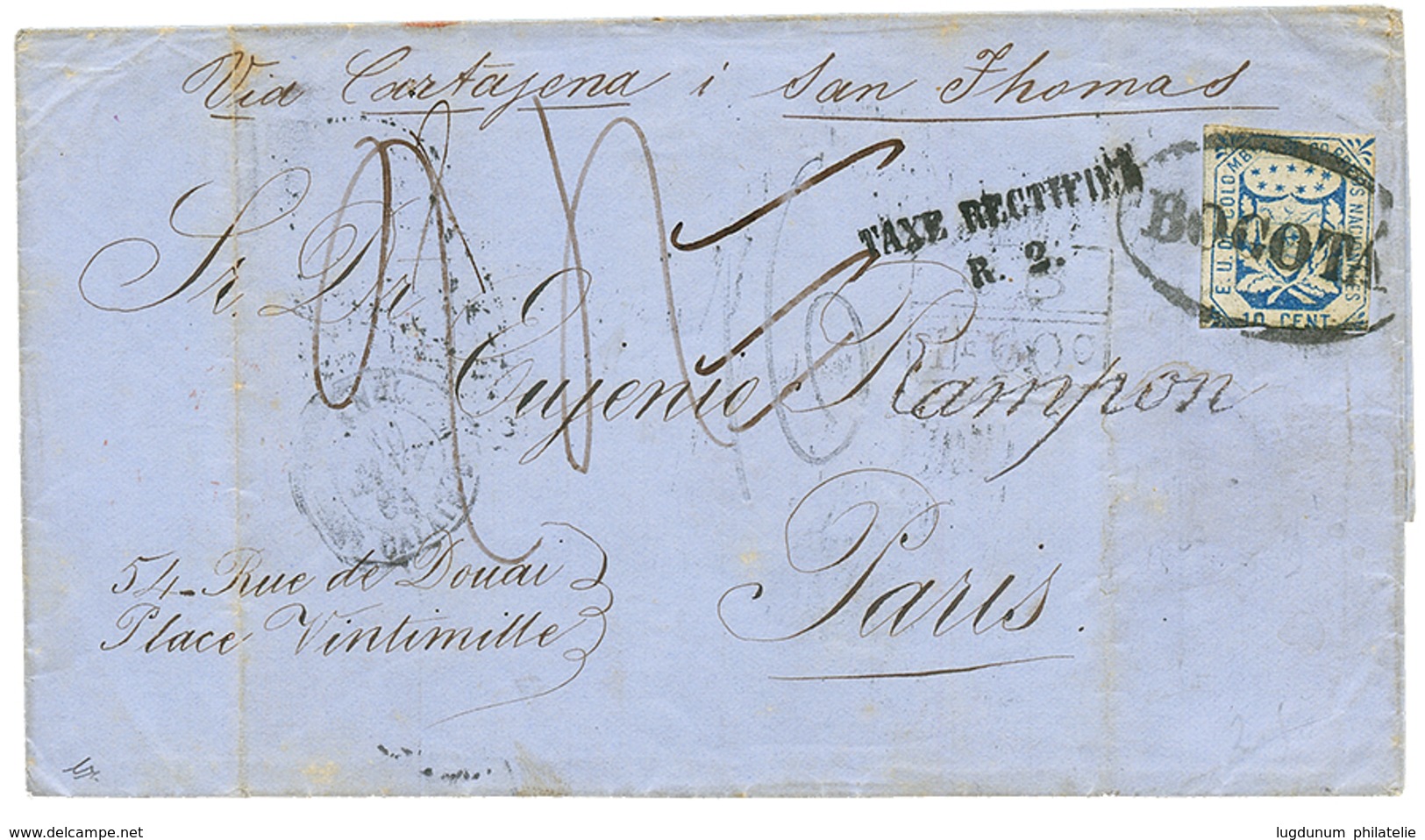 287 1864 COLOMBIE 10c Obl. BOGOTA + GB/1F60 + TAXE RECTIFIE/R.2 + Taxe 16 Sur Lettre Pour PARIS. Verso, SANTA-MARTA. Rar - Usati