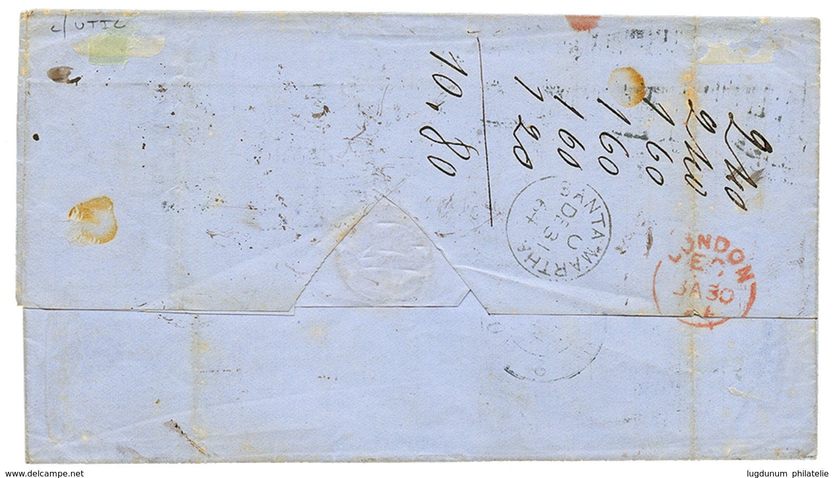 287 1864 COLOMBIE 10c Obl. BOGOTA + GB/1F60 + TAXE RECTIFIE/R.2 + Taxe 16 Sur Lettre Pour PARIS. Verso, SANTA-MARTA. Rar - Usati